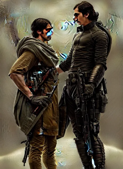 Prompt: portrait of adam driver helping a wounded john oliver, standing together, stoic, full body, military uniform, battle, war, fantasy, intricate, elegant, beautiful, highly detailed, charcoal, centered, dark, smokey, digital painting, artstation, art by artgerm, art by greg rutkowski, art by alphonse mucha