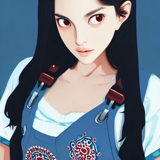 Image similar to a beautiful young japanese natalie portman alluring gravure model, wearing elegant designer overalls, elegant overalls with mesoamerican patterns, mesoamerican native street fashion, princess mononoke, by and wlop and ilya kuvshinov and artgerm and, aesthetic, gorgeous, stunning, alluring, attractive, artstation, pinterest, digital art