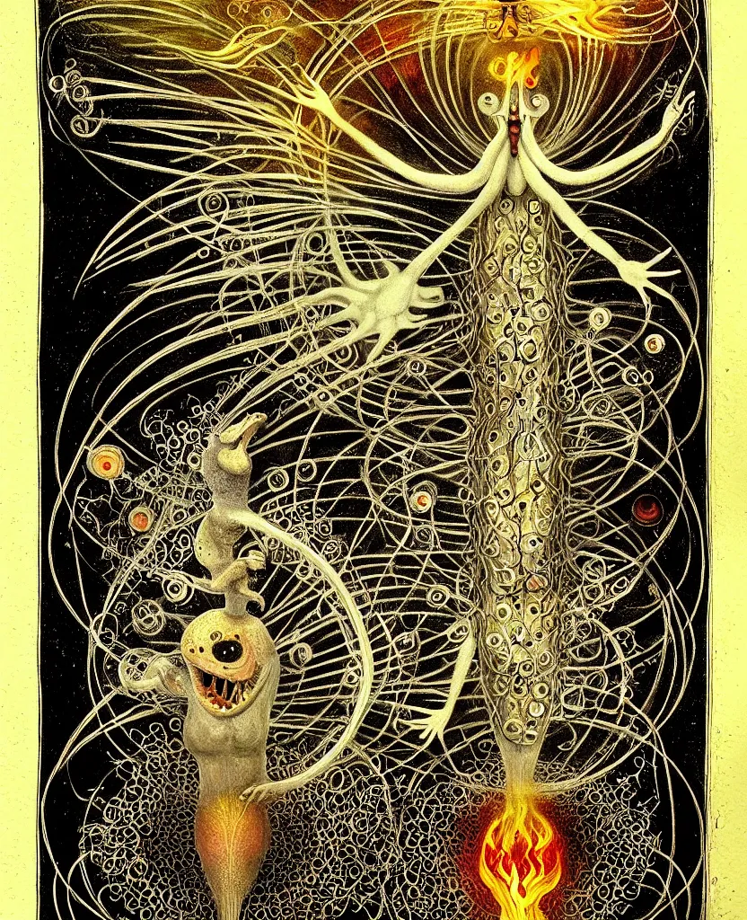 Image similar to whimsical freaky creature sings a unique canto about'as above so below'being ignited by the spirit of haeckel and robert fludd, breakthrough is iminent, glory be to the magic within, painted by ronny khalil