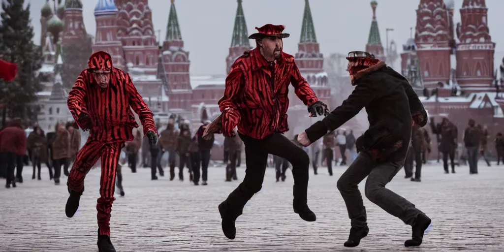 Image similar to nicolas cage as freddy krueger chasing lora palmer on the red square in moscow. cinematic trailer high resolution