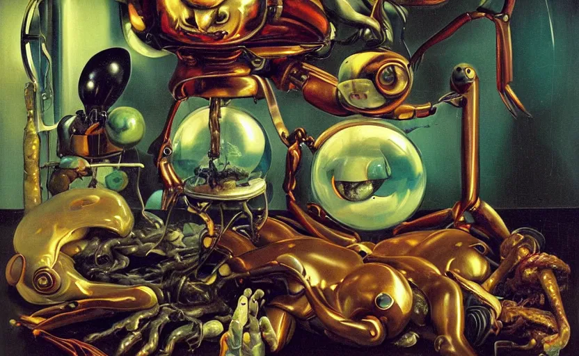 Image similar to strange seductive futuristic robot body, enticing colorful oil painting dutch golden age vanitas still life sparse composition with bulbous objects strange gooey transparent surfaces shiny metal reflections bizarre mutant meat insects rachel ruysch dali todd schorr very detailed perfect composition rule of thirds masterpiece canon 5 0 mm, cinematic lighting, photography, retro, film, kodachrome