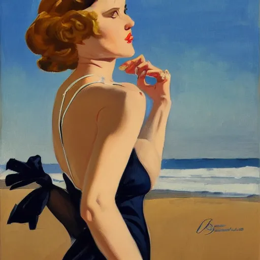 Prompt: woman in black dress on the beach, blue sky, leyendecker style