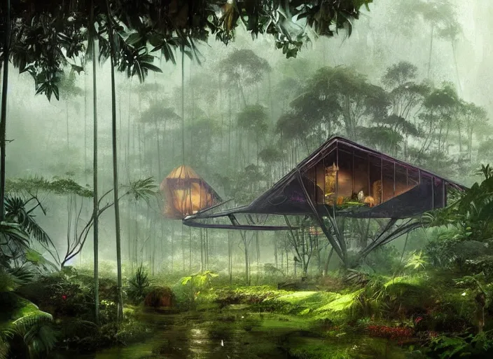 Image similar to a beautiful painting of a geodesic house in a moist tropical rainforest, by greg rutkowski, realism, artstation, nature