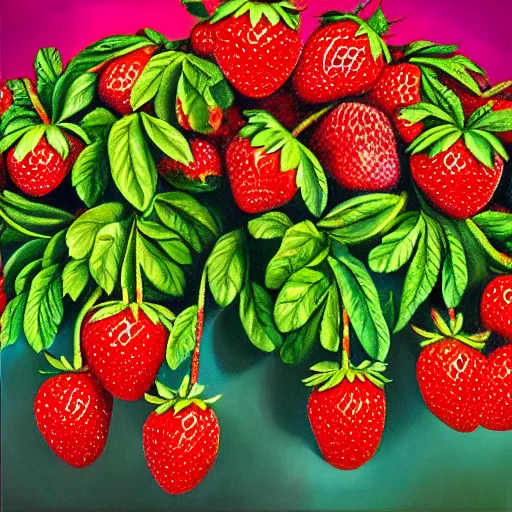Prompt: a surreal oil painting of a strawberry plant with giant strawberrys, album cover, bright colors