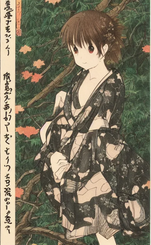 Prompt: by akio watanabe, manga art, small boar is curios about girl with brown hair sitting in forest, trading card front, kimono, realistic anatomy