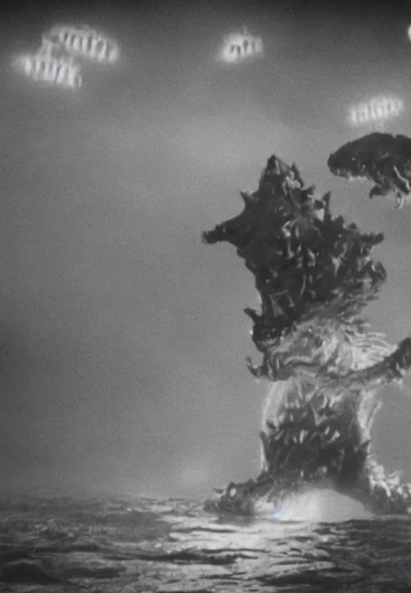 Image similar to a filmstill of a north korean monster movie, kaiju - eiga monster starfish - like trampling a traditional korean palace, foggy, film noir, video compression