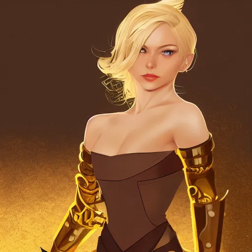 Prompt: portrait a beautiful fantasy girl thief standing near pile of gold and gems in her late 20s in the leather fantasy armor, light blonde shoulder-length hair, by Ilya Kuvshinov