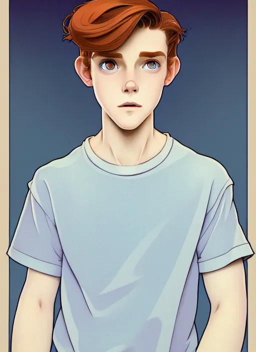 Image similar to art nouveau portrait of a teen boy with completely straight auburn hair, light blue eyes, pale skin, freckles, sad expression, t - shirt, modern casual clothing, natural lighting, path traced, highly detailed, high quality, cartoon, digital painting, by don bluth and ross tran and studio ghibli and alphonse mucha