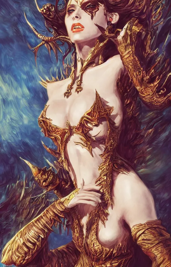 Image similar to an concept art of the demon queen, beautiful hair, intricate details, detailed face, detailed clothes, artstation, epic pose, epic background, ambient light, by max ernst and renoir