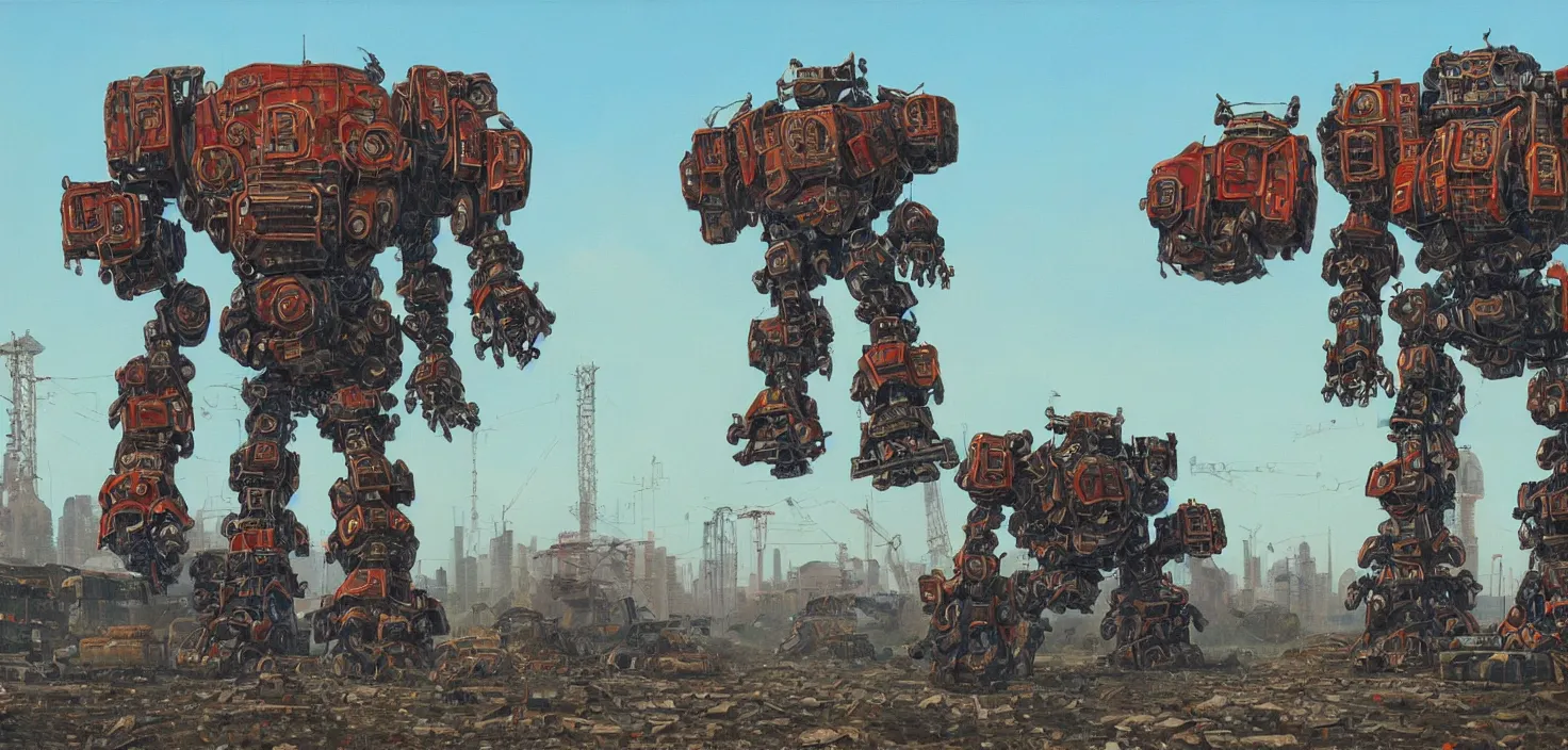 Image similar to an intricate oil painting of a giant chinese armored gorilla shaped scrap metal mecha by simon stalenhag, soviet decals