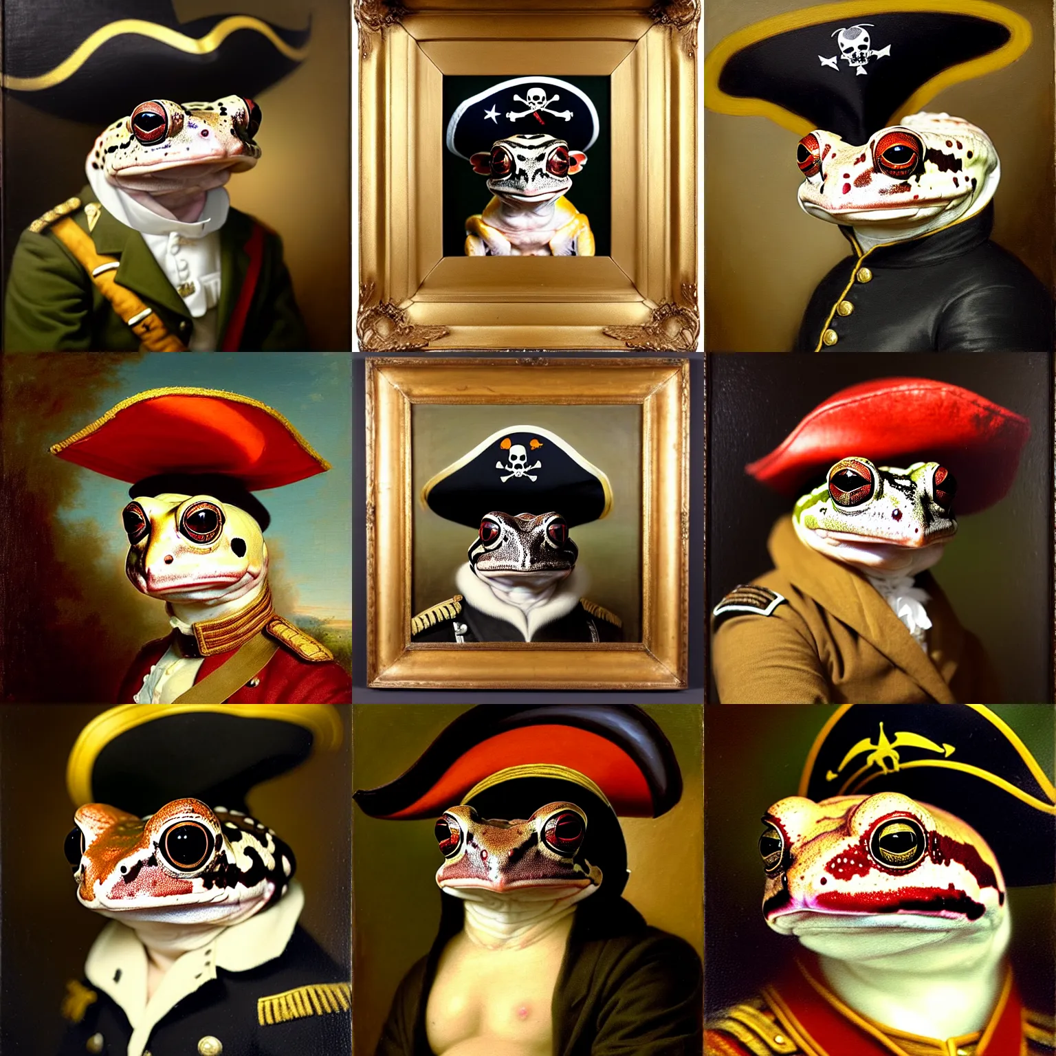 Prompt: a head - and - shoulders portrait of an amazon milk frog wearing a pirate hat and military uniform, an american romanticism painting, oil on canvas, cgsociety, soft focus