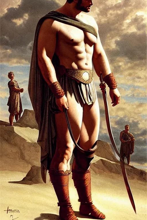 Image similar to henry cavill as gladiator, short hair, painting by j. c. leyendecker