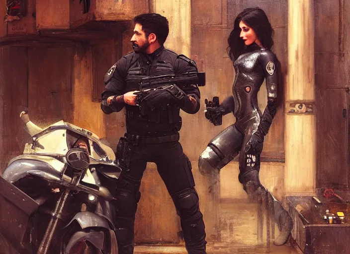 Prompt: Sara evades sgt Griggs. Athletic Cyberpunk hacker escaping Menacing Cyberpunk police trooper griggs. (dystopian, police state, Cyberpunk 2077, bladerunner 2049). Iranian orientalist portrait by john william waterhouse and Edwin Longsden Long and Theodore Ralli and Nasreddine Dinet, oil on canvas. Cinematic, vivid colors, hyper realism, realistic proportions, dramatic lighting, high detail 4k