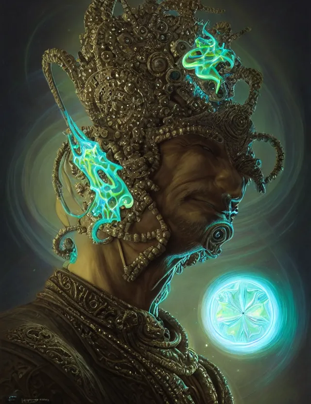 Image similar to front shot of a court jester character, hyperdimensional, bioluminescent hypercubes, dark holography!!!, (((intricate))), elegant, highly detailed, centered, (((artstation, concept art, smooth, sharp focus, artgerm, Tomasz Alen Kopera, Peter Mohrbacher, donato giancola, Joseph Christian Leyendecker, WLOP, Boris Vallejo))), mugshot!!!!!, ugly!!!!!!, octane render, nvidia raytracing demo, grainy, muted, 8K, digitalblasphemy