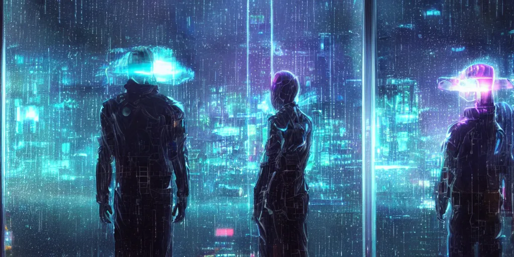 Prompt: one couple cyber godly persons made of cosmic nebula galaxy energy watching a rainy colorful cyberpunk futuristic city from behind at night through a window in his room, reflections, 8 k, photorealistic, concept art, wet, highly detailed, cinematic moof by ridley scott, trending on artstation, glowing and epic