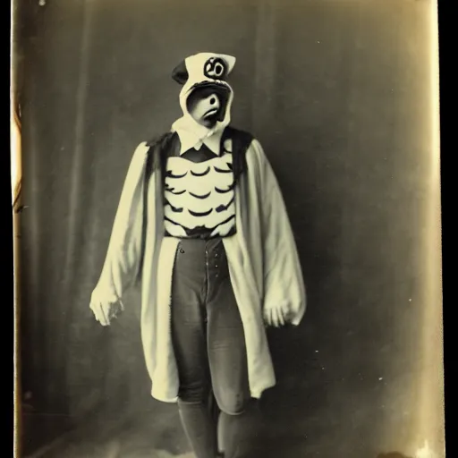 Image similar to men in vintage Halloween costumes, photo taken on an old box camera, black and white, film grain, 1920s, Daguerreotype, old photo, detailed, grotesque