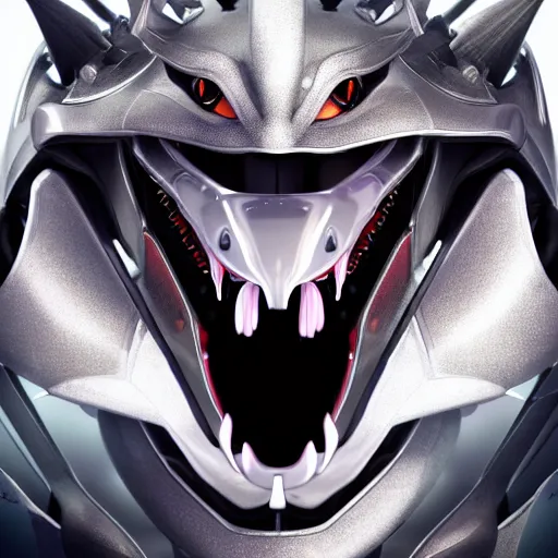 Image similar to close up detailed maw shot, headshot, of a cute stunning robot anthropomorphic female dragon, with sleek silver armor, a black OLED visor over the eyes, her detailed dragon maw open in front of the camera, camera looking down into the maw, about to consume the camera, on the beach at sunset, highly detailed digital art, furry art, anthro art, sci fi, warframe art, destiny art, high quality, 3D realistic, mawshot, Furaffinity, Deviantart