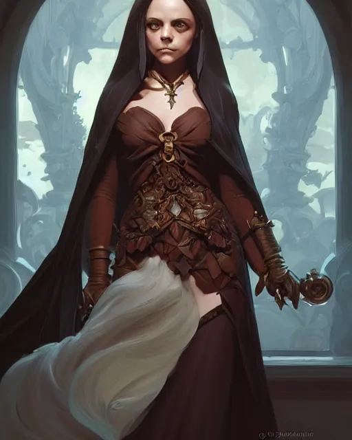 Image similar to Christina Ricci, D&D, fantasy, intricate, elegant, highly detailed, digital painting, artstation, concept art, matte, sharp focus, illustration, hearthstone, art by Artgerm and Greg Rutkowski and Alphonse Mucha