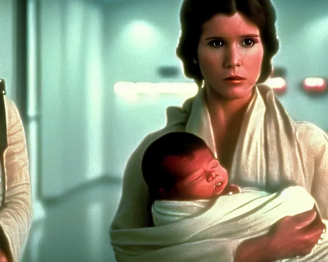 Prompt: screenshot of Han Solo standing next to Princess Leia Organa holding a new born baby in a swaddle, alone, pensive, iconic scene from 1980s Star Wars film directed by Ridley Scott, in a sci fi nursing home architecture, last jedi, 4k HD sharp, cinematic still frame, photoreal, detailed face, moody lighting, stunning cinematography, anamorphic lenses, kodak color film stock