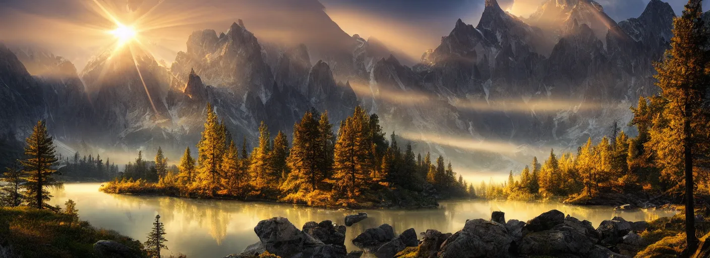 Prompt: photograph of mountains with a lake in front of them, trees on the side, rocks in foreground, mist with rays of light by marc adamus, highly detailed, intricate detail, cinematic lighting