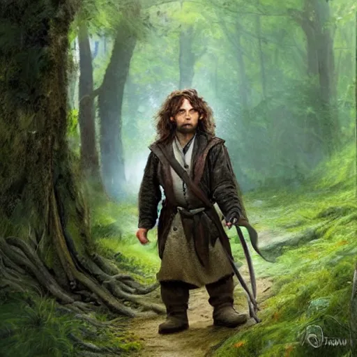 Prompt: a rugged warrior hobbit in leather armor with very short hair and a dark green cloak hiking through the forest holding a hunting bow, clean shaven, trending on artstation, realistic, detailed, by Tony Sart