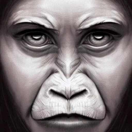 Image similar to Very funny actress Emma Watson looking like an old monkey, monkey, Emma Watson actress monkey face, like gorilla, chimpanzee, colorful painting on grey scale face, powerful , magic, thunders, dramatic lighting, intricate, wild, highly detailed, digital painting, artstation, concept art, smooth, sharp focus, illustration, art by artgerm and greg rutkowski and alphonse mucha, footage