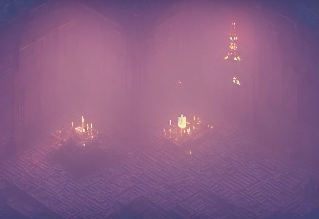 Image similar to interior throne room isometric magicavoxel bloodborne no mans sky, vaporwave, cinematic lighting, 4 k