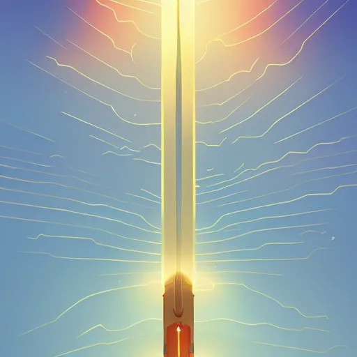 Image similar to Golden sword aura, rays of light, soft light, 2D illustration, minimalist, by James Gilleard