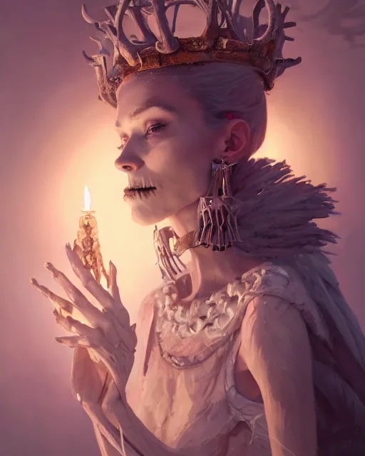 Image similar to portrait of a bone queen, bone crown, skull earings, bone dress, stephen bliss, unreal engine, by greg rutkowski, loish, rhads, makoto shinkai and lois van baarle, ilya kuvshinov, rossdraws, global illumination, radiant light, detailed and intricate environment