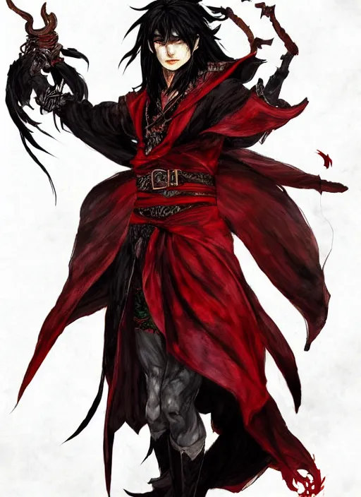 Image similar to Half body portrait of a handsome elf fire mage with long black hair wearing ornate scarlet robe, crazy grin, flame, anarchy. In style of Yoji Shinkawa and Hyung-tae Kim, trending on ArtStation, dark fantasy, great composition, concept art, highly detailed, dynamic pose.