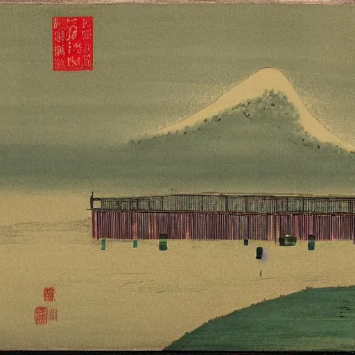 Image similar to a chinese prison near a river by peter doig : : 1 and ukiyo - e : : 0. 0 1, muted colors