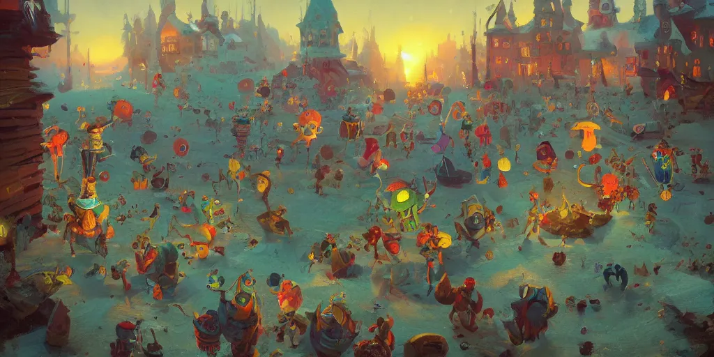 Prompt: A gang of clowns at dawn, magical, awestriking, impossibly detailed, by Sergey Kolesov, fine detail, full of color, intricate detail