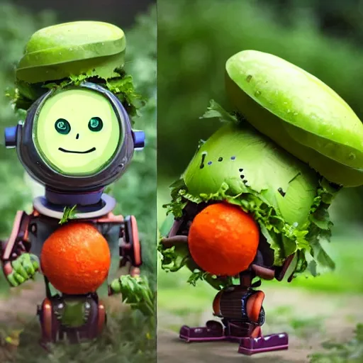 Image similar to robot made of vegetables with big avocado hat and a carrot sword, made in abyss style