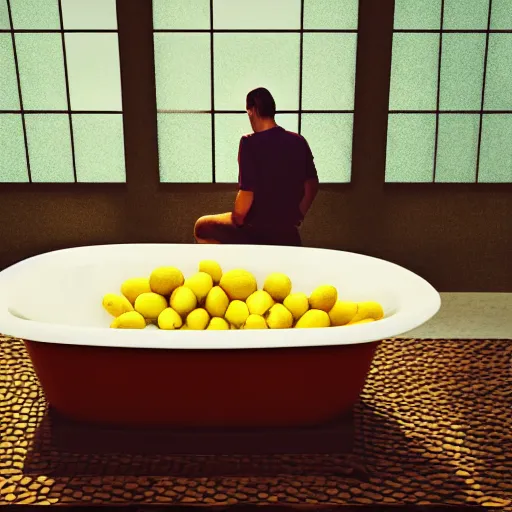 Image similar to a man in a bathtub bathing in lemons, Realism, HDR, Stock Photo, Ultra Lighting