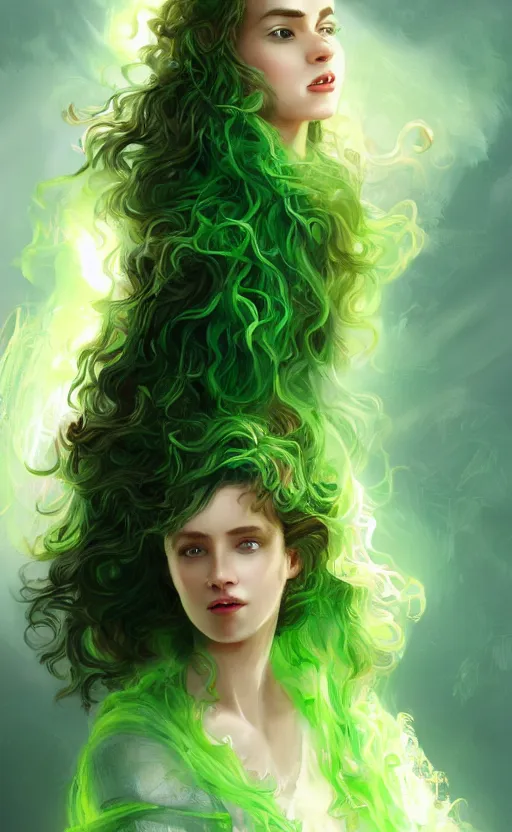 Image similar to a young woman with wild, curly hair and bright green eyes. she's wearing a flowing dress made of light, airy fabric and she has a mischievous look on her face, dynamic lighting, photorealistic fantasy concept art, trending on art station, stunning visuals, creative, cinematic, ultra detailed