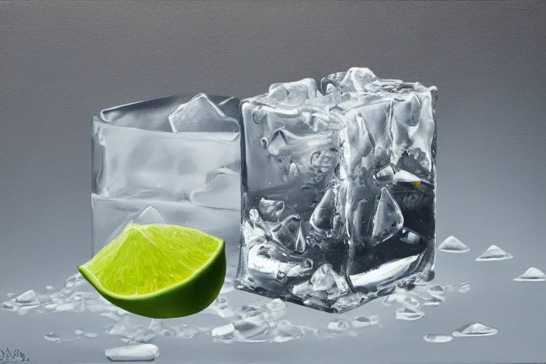 Image similar to award winning oil painting portrait of an ice cube starting to melt in the forefront surrounded by a lime wedge, an empty bottle of tequila and fallen salt shaker. black background