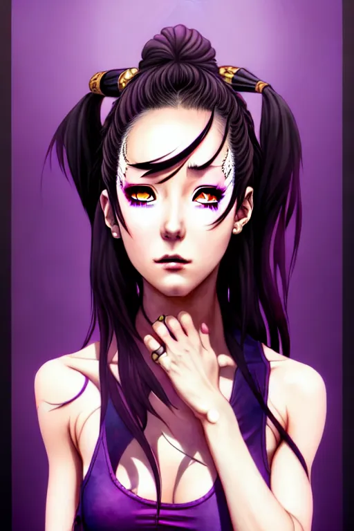 Image similar to a portrait of dilraba dilmurat as revy from black lagoon, smirk, black tank top, jean shorts, brown eyes, purple hair, tribal tattoo slevve right arm, symmetrical eyes, symmetrical face, art by lois van baarle and loish and ross tran and rossdraws and sam yang and samdoesarts and artgerm