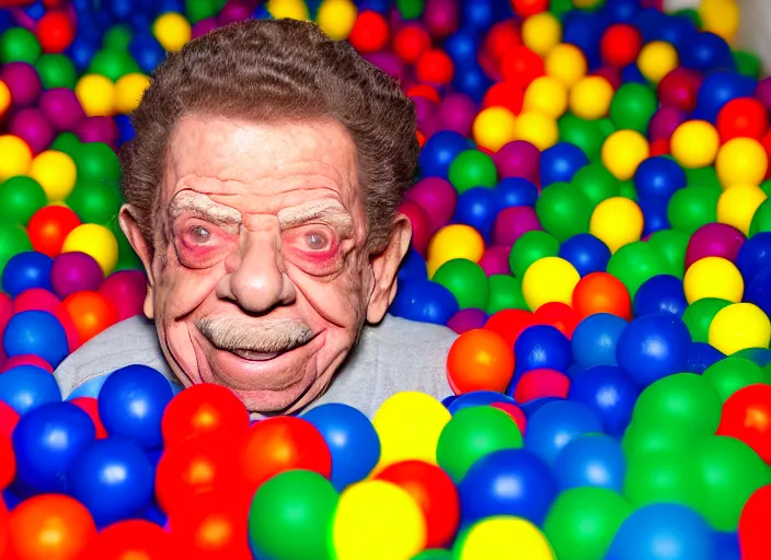 Image similar to photo still of jerry stiller in a ball pit!!!!!!!! at age 4 6 years old 4 6 years of age!!!!!!!! hiding from parents, 8 k, 8 5 mm f 1. 8, studio lighting, rim light, right side key light