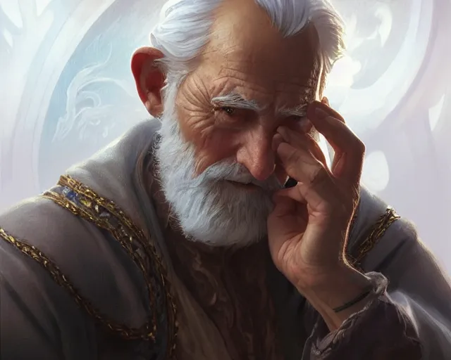 Image similar to old man wearing a ring on each finger, deep focus, d & d, fantasy, intricate, elegant, highly detailed, digital painting, artstation, concept art, matte, sharp focus, illustration, hearthstone, art by artgerm and greg rutkowski and alphonse mucha