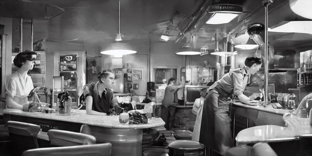 Image similar to detailed sharp photograph in the style of popular science circa 1 9 5 5 and gregory crewdson of a 1 9 5 0 s small town night inside a diner with a teenage girl at the counter drinking a milkshake