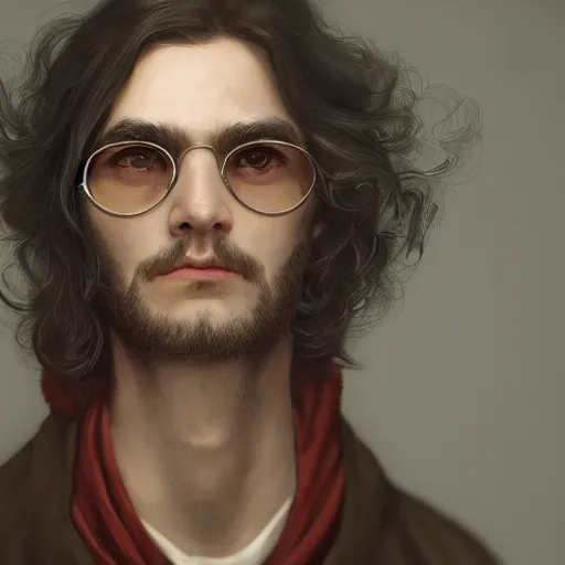 Prompt: a highly detailed Portrait of a young man with dark gray long hair, red steampunk round glasses, in a beige cloak, artstation, DeviantArt, professional, octane render