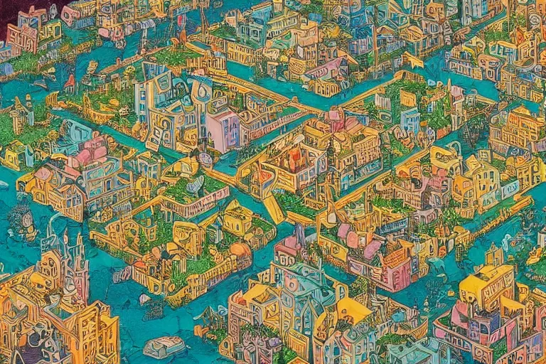 Image similar to an elaborate and dense painting of a peaceful neighborhood in tron, detailed, made of alcohol ink on parchment and penned illustrations, by wes anderson and geoff darrow