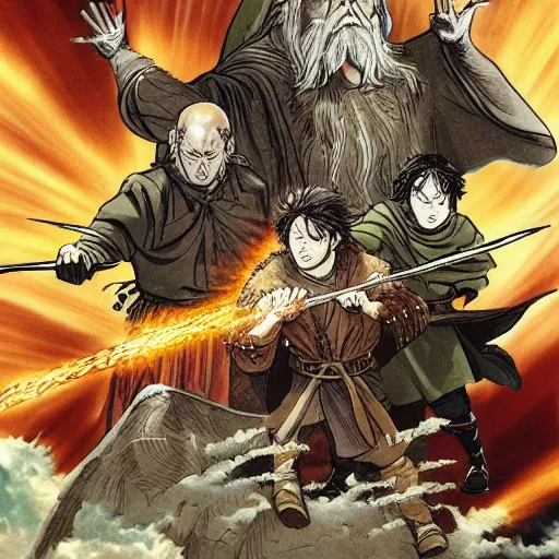 Image similar to the fellowship of the ring in the style of Akira manga epic action scene