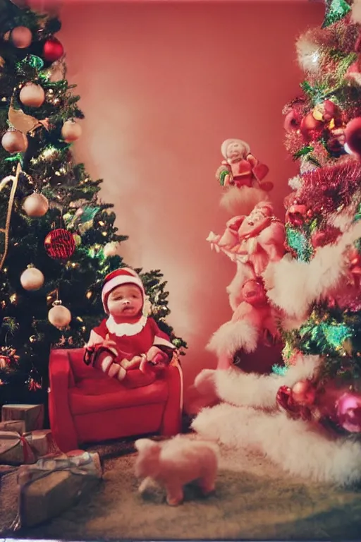 Image similar to retro photo cat in cute baby dress on the background of a retro christmas tree with 1 9 7 0 new year's toys, ussr, sovet ; kodak ektar, 2 0 0 iso, 3 5 mm lens, bill henson style beautiful chiaroscuro lighting, beautiful colour palette, beautiful and realistic, wide shot