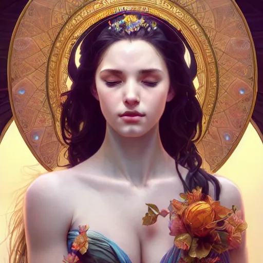 Image similar to perfectly - centered photograph of a goddess, highly detailed, professional digital painting, unreal engine 5, photorealism, hd quality, 8 k resolution, cinema 4 d, 3 d, cinematic, art by artgerm and greg rutkowski and alphonse mucha and loish and wlop