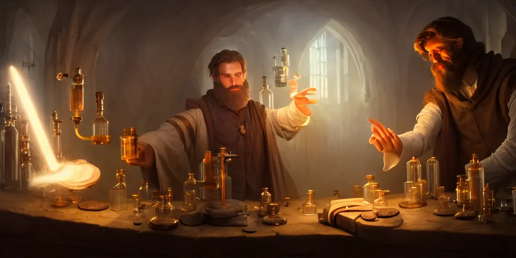 Image similar to a handsome bearded caucasian male sorcerer with brown hair, he is in a alchemist lab filled with beakers and equipment, he is casting a spell from a open book with magic filling the frame, neutral pose, epic composition, 4 k, light rays, super coherent, by dave melvin and greg rutkowski