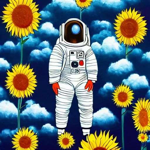 Image similar to a portrait of a sad astronaut in a field of sunflowers, the sky is blue with anime style clouds, painting, 4k,