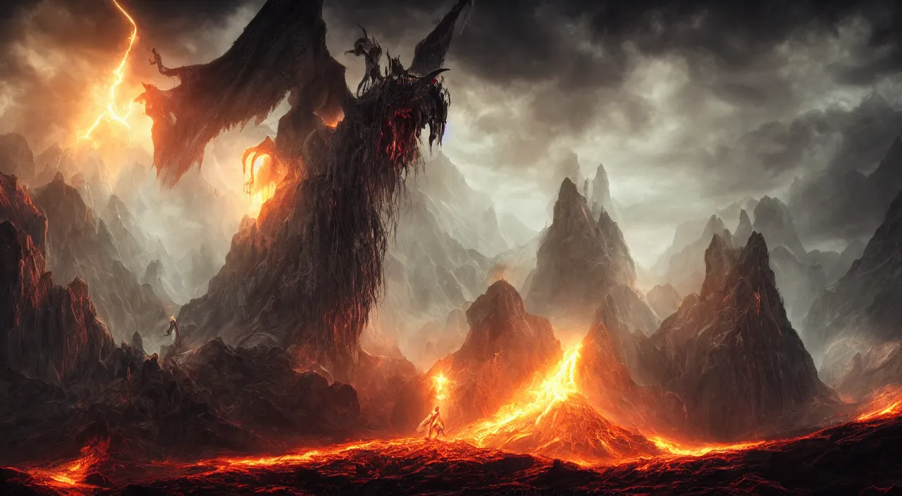 Image similar to god fighting the devil, dark, fiery, mines of moria, lord of the rings aesthetic, in style of alan lee, cinematic, cinematic lighting, octane render, motion blur, highly detailed