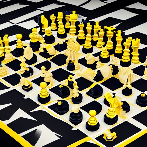 Prompt: the wu - tang clan as chess pieces on a yellow and black chessboard 8 k hyperdetailed photorealism