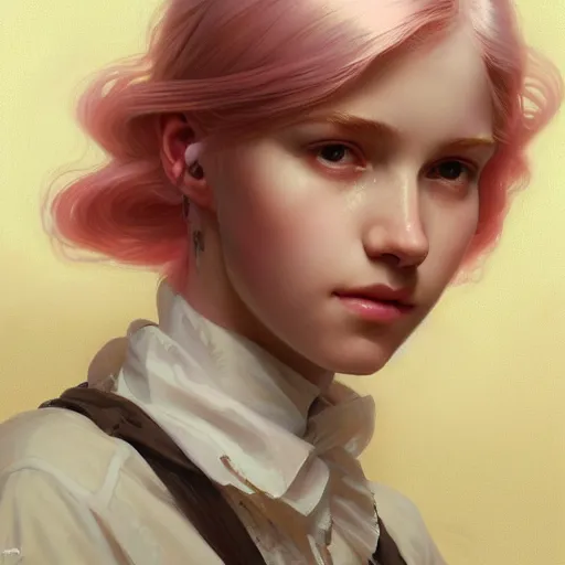 Prompt: portrait of a scottish teenage girl with pinkish blonde hair, glowing skin, delicate features, nerdy, fantasy, intricate, elegant, dress shirt, highly detailed, digital painting, artstation, concept art, smooth, sharp focus, illustration, art by Krenz Cushart and Artem Demura and alphonse mucha